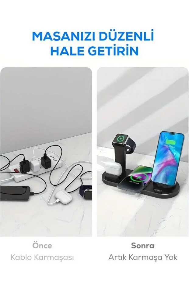 4'ü 1 Arada Kablosuz Çok İşlevli Şarj İstasyonu – Telefon, Akıllı Saat, Kulaklık Uyumlu